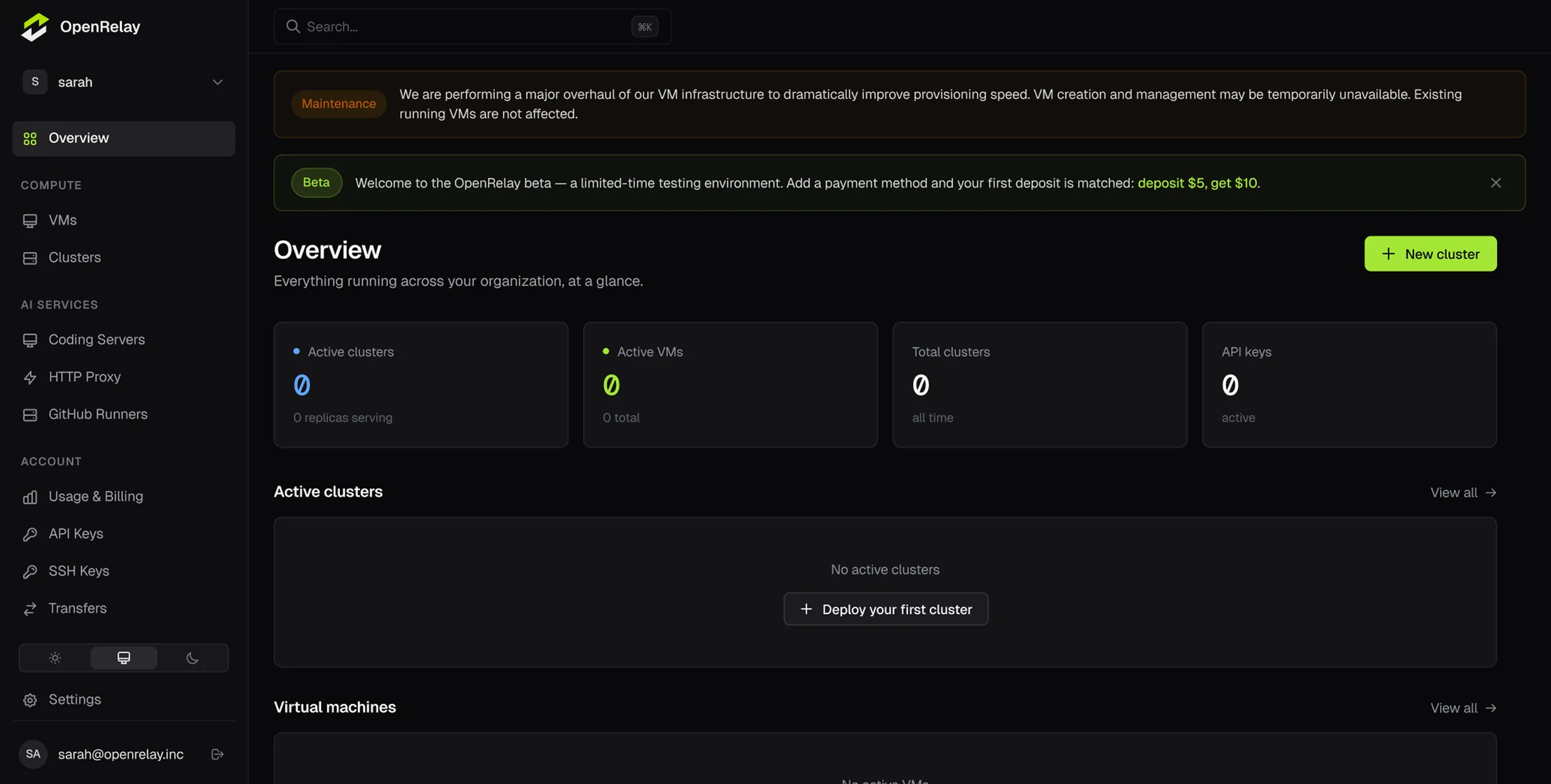 Before: an earlier OpenRelay dashboard exposing raw infrastructure across an empty overview