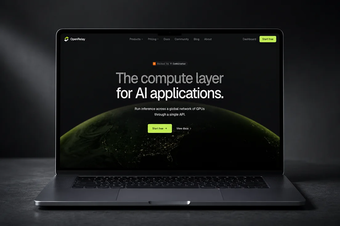 The OpenRelay marketing site, 'The compute layer for AI applications', shown on a laptop