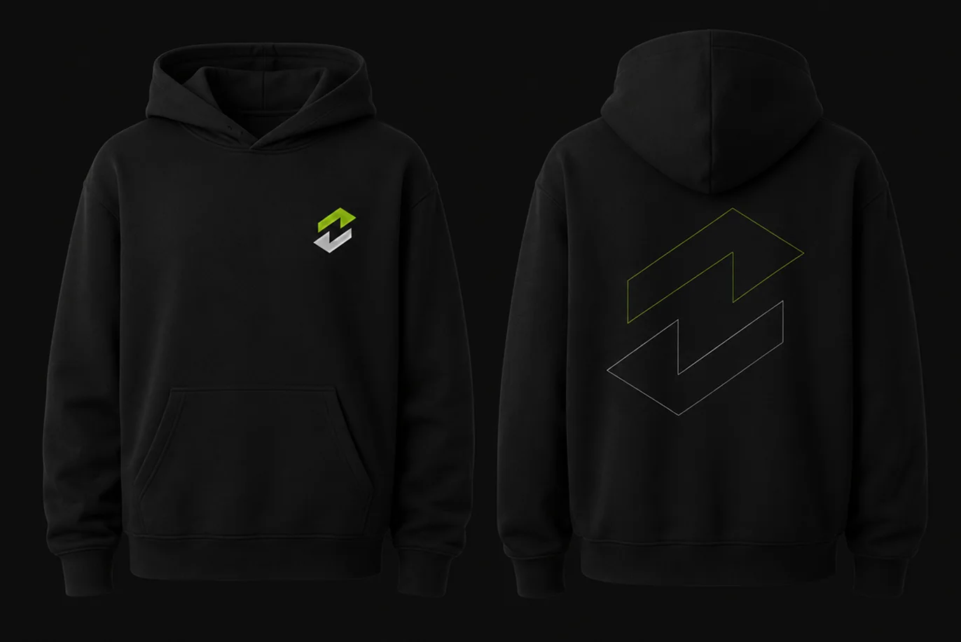 OpenRelay hoodie: the chest logo mark on the front, a large outlined mark on the back