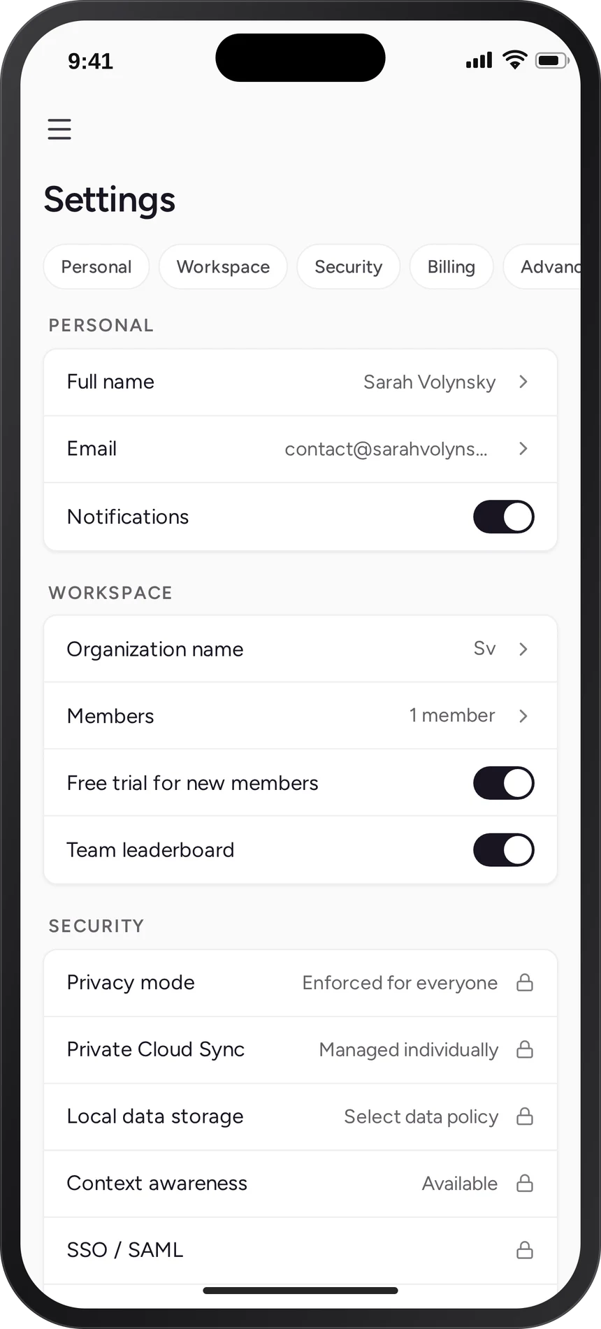 The settings screen: Personal, Workspace, Security, and Billing tabs over tap-through rows, with enforced security controls