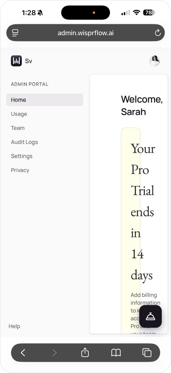 Before: the live admin portal on mobile, its desktop sidebar squeezing the home screen so the trial notice wraps one word per line